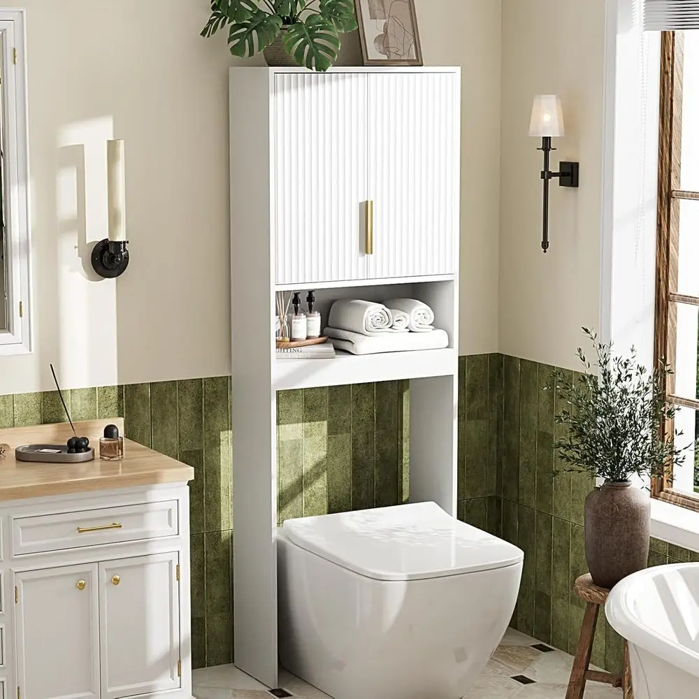 White Over-the-Toilet Storage Cabinet with Adjustable Shelf and Gold Handles
White Over-the-Toilet Storage Cabinet with Adjustable Shelf and Gold Handles