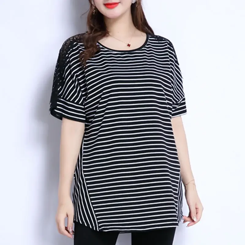 Lace Patchwork T Shirts Summer New Short Sleeve O-Neck Hollow Out All-match Striped Tops Casual Fashion Women Clothing Z191
Lace Patchwork T Shirts Summer New Short Sleeve O-Neck Hollow Out All-match Striped Tops Casual Fashion Women Clothing Z191