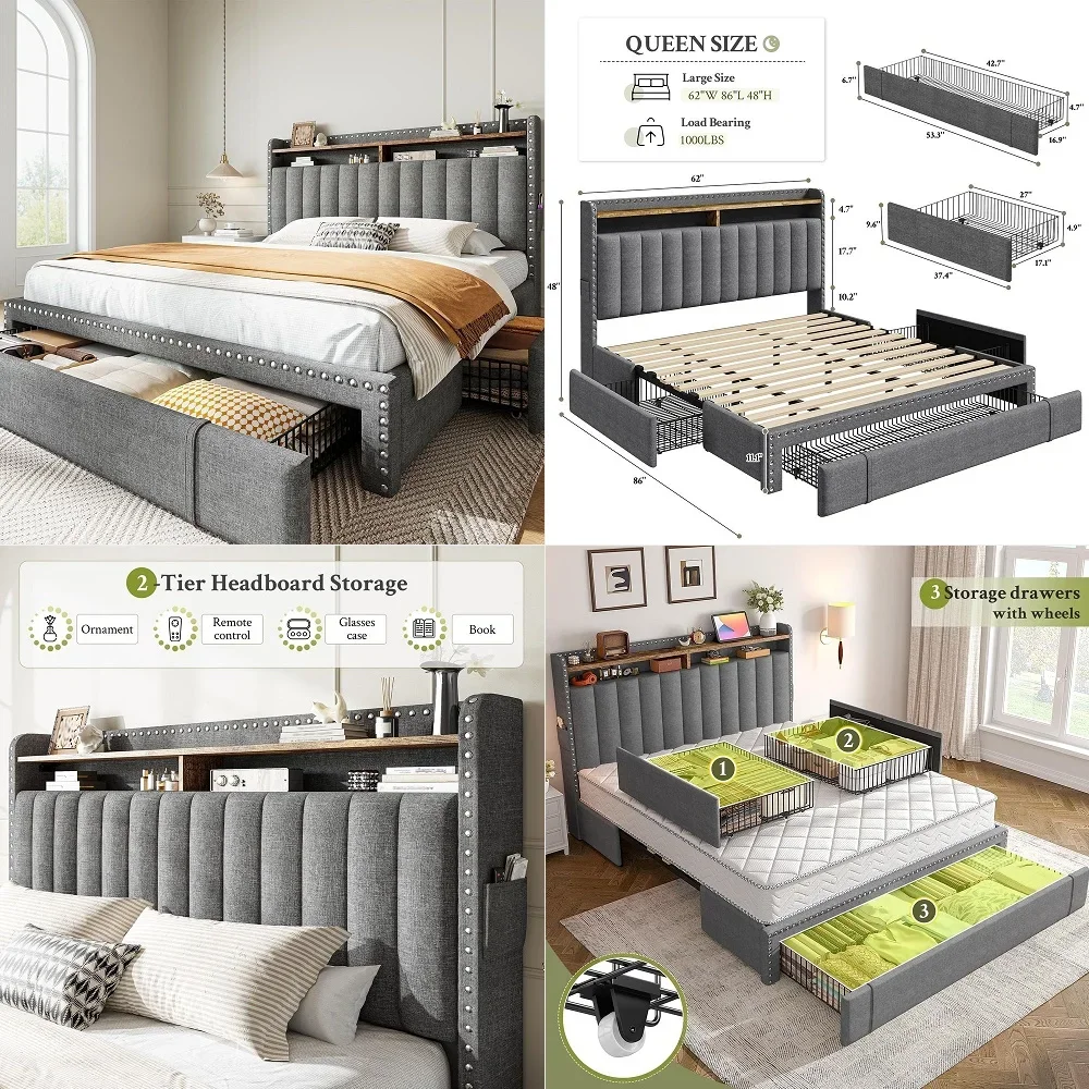 Queen Bed Frame,Fabric Upholstered Bed Frame with 3 Drawers and Rivet Decor Storage Headboard, 900LBS Wooden Slats Support, No
Queen Bed Frame,Fabric Upholstered Bed Frame with 3 Drawers and Rivet Decor Storage Headboard, 900LBS Wooden Slats Support, No