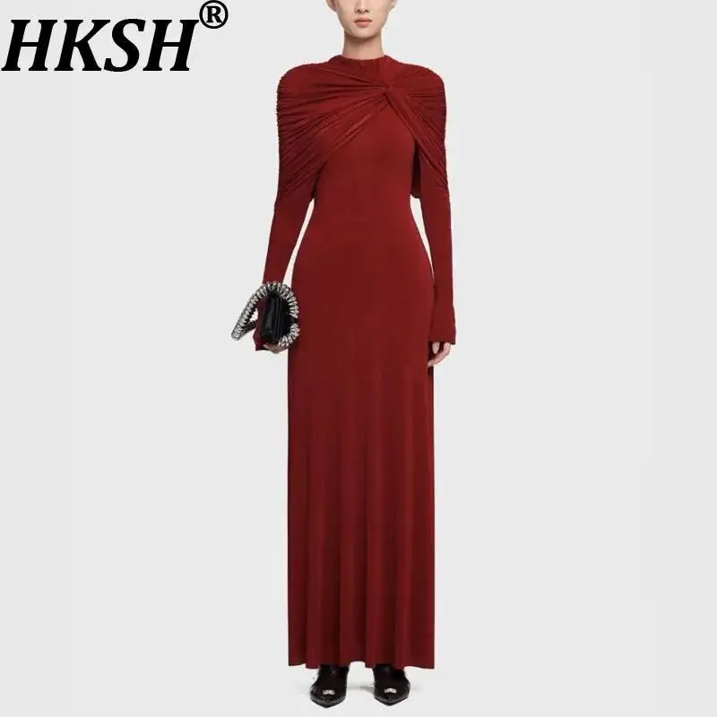 HKSH Осеннее новое женское элегантное платье, однотонное трикотажное асимметричное платье со складками и длинными рукавами, драпированные платья в светском стиле HK8679
HKSH Осеннее новое женское элегантное платье, однотонное трикотажное асимметричное платье со складками и длинными рукавами, драпированные платья в светском стиле HK8679