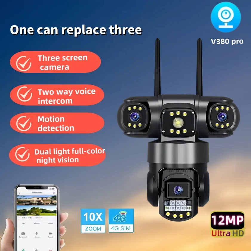 V380 Pro 4G Outdoor 12MP 6K Three Lens Three Screen Security Monitoring Night Vision Waterproof CCTV Camera
V380 Pro 4G Outdoor 12MP 6K Three Lens Three Screen Security Monitoring Night Vision Waterproof CCTV Camera