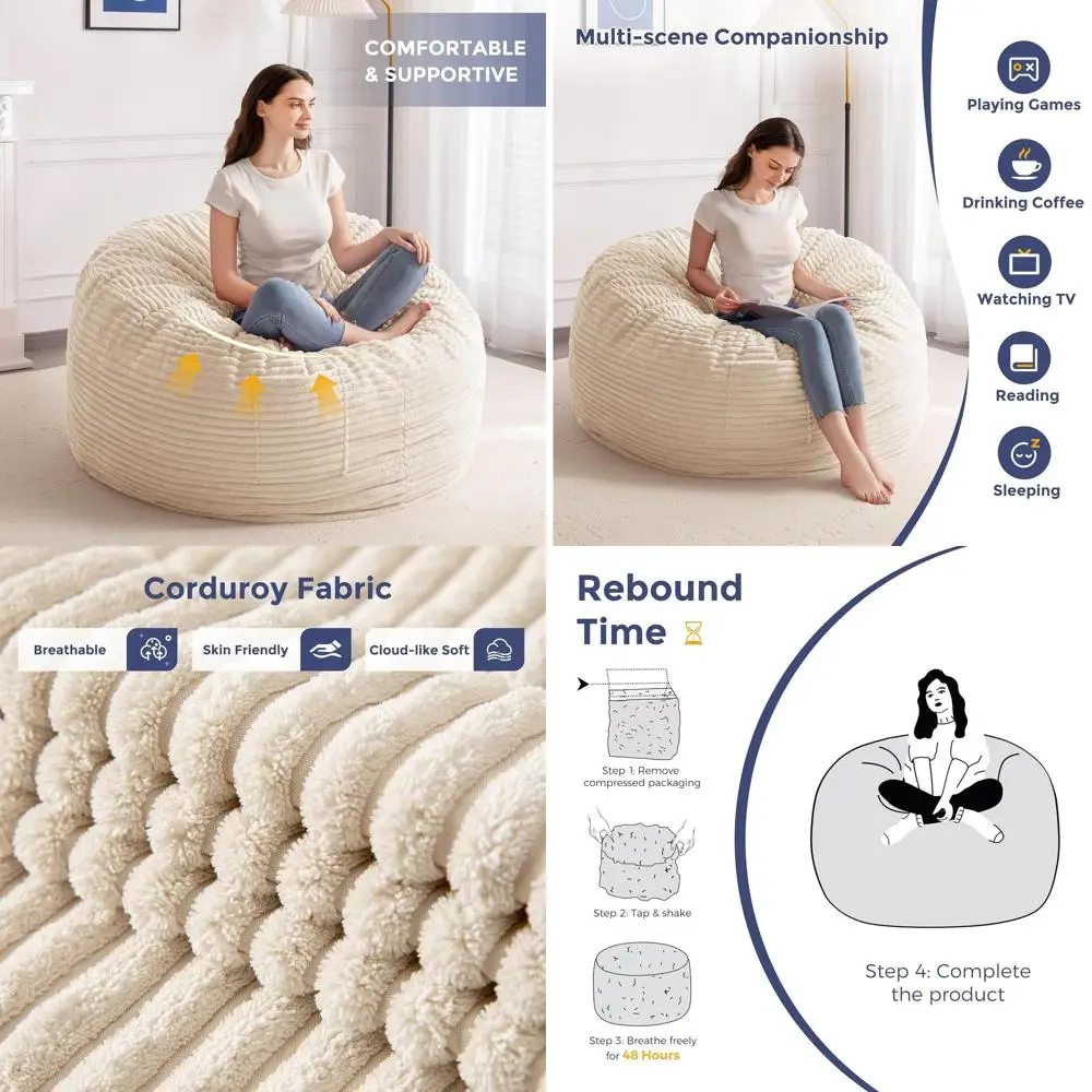 Large 4-Foot Adult Bean Bag Chair with Foam Filling, Ultra Soft Fur Cover, Machine Washable for Living Room and Bedroom
Large 4-Foot Adult Bean Bag Chair with Foam Filling, Ultra Soft Fur Cover, Machine Washable for Living Room and Bedroom