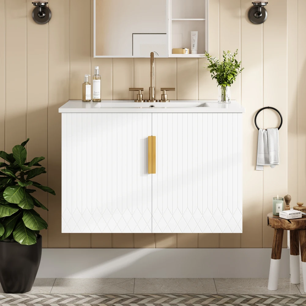30" Vintage Bathroom Vanity with Ceramic Sink, with 3 Holes Single Ceramic Sink, Bathroom Storage Vanity Cabinet with 2 Soft
30" Vintage Bathroom Vanity with Ceramic Sink, with 3 Holes Single Ceramic Sink, Bathroom Storage Vanity Cabinet with 2 Soft