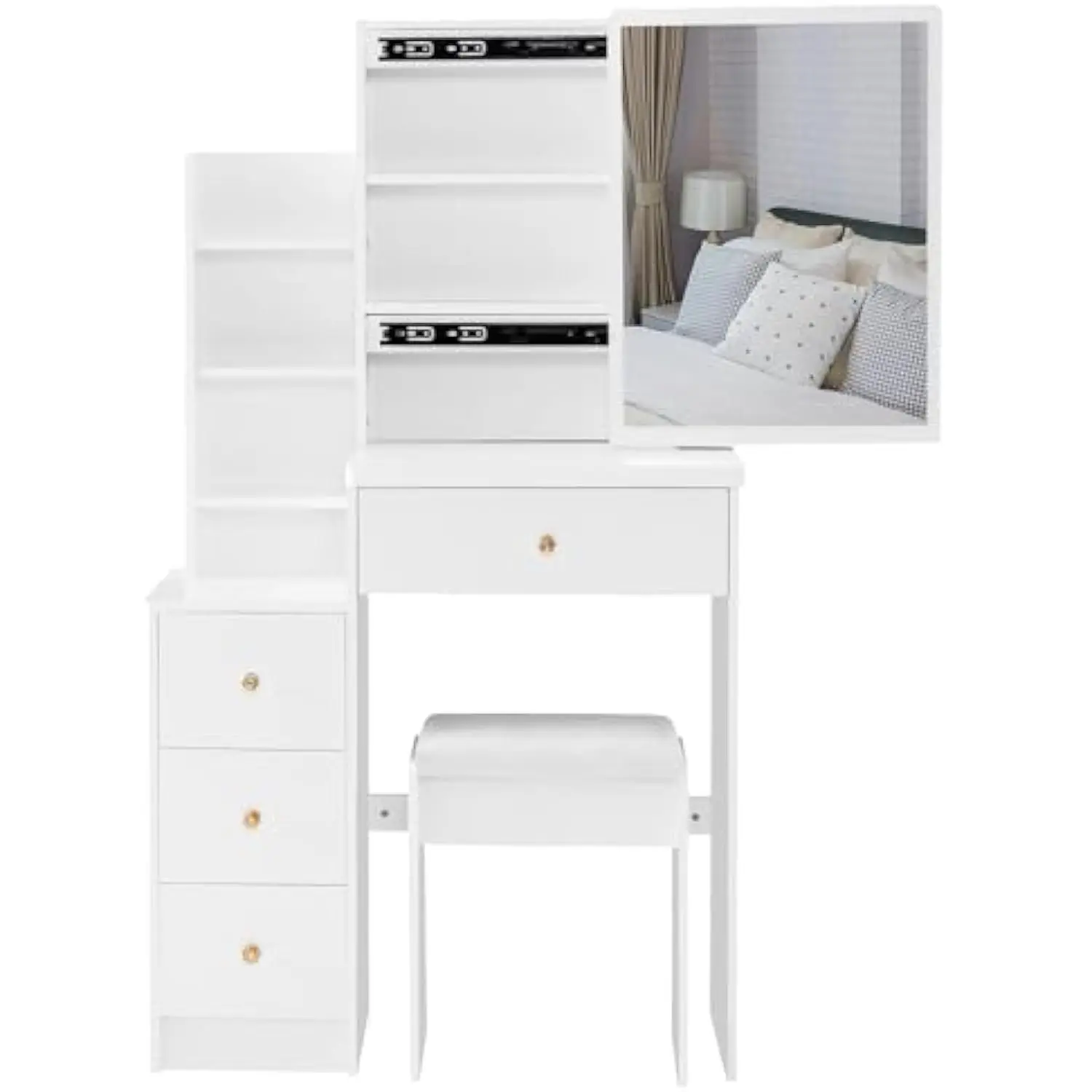 Small Vanity Desk with Mirror, Makeup Vanity Table Set with Stool, Storage Drawers and Shelves, Dressing Table for Bedroom (White)
Small Vanity Desk with Mirror, Makeup Vanity Table Set with Stool, Storage Drawers and Shelves, Dressing Table for Bedroom (White)