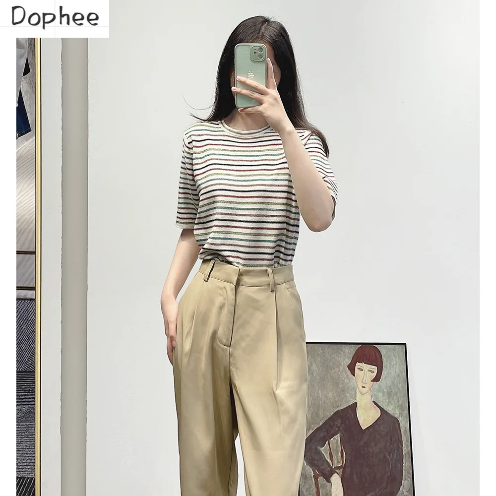 Dopamine Rainbow Stripe Women Tshirts 2023 New Summer Ics Silk Short Sleeve Knitted Shirt O-neck All-match Loose Female Tops
Dopamine Rainbow Stripe Women Tshirts 2023 New Summer Ics Silk Short Sleeve Knitted Shirt O-neck All-match Loose Female Tops
