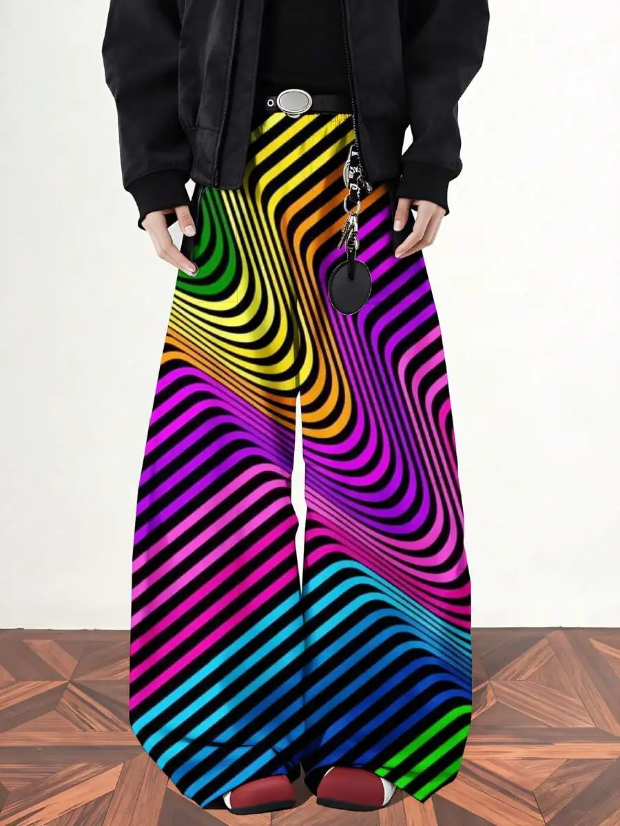 Colorful Optical Illusion Wide Leg Pants With Rainbow Striped Pattern For Fashion Statement
Colorful Optical Illusion Wide Leg Pants With Rainbow Striped Pattern For Fashion Statement