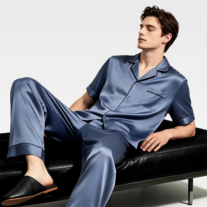 Luxury 16 Momme Pure Silk Men's Pajamas Set Short Sleeve Button-Down Homewear Grey Blue Soft High-End Nightwear 2PCS
Luxury 16 Momme Pure Silk Men's Pajamas Set Short Sleeve Button-Down Homewear Grey Blue Soft High-End Nightwear 2PCS