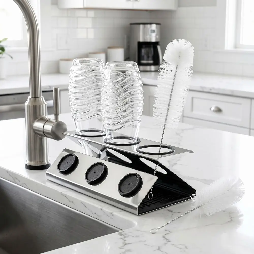 Stainless Steel Soda Bottle Drain Rack Silver with Brush Bottle Drying Rack 3-hole Soda Bottle Placement Rack for Kitchen
Stainless Steel Soda Bottle Drain Rack Silver with Brush Bottle Drying Rack 3-hole Soda Bottle Placement Rack for Kitchen