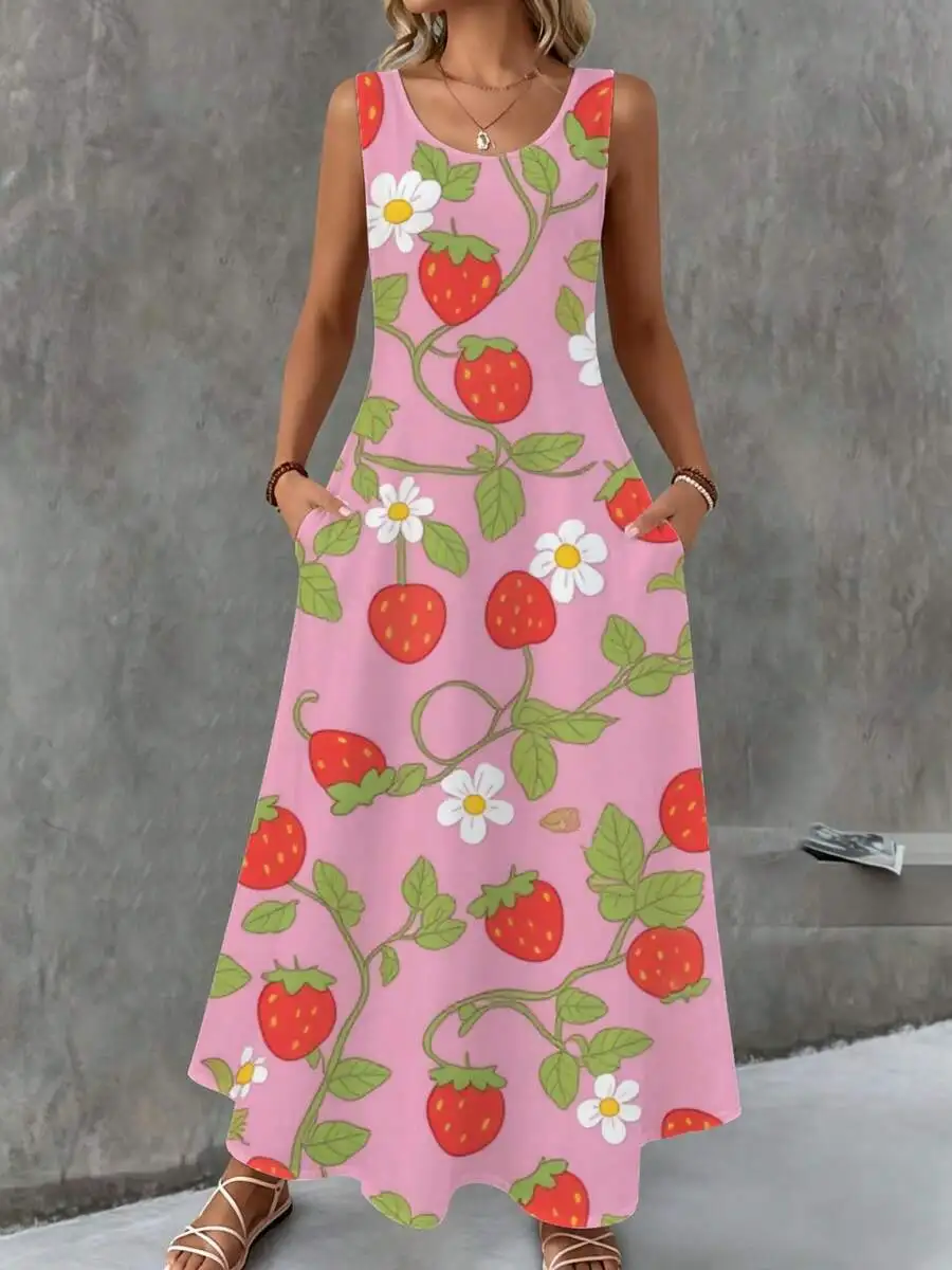 Sleeveless Maxi Dress Pink Strawberry Daisy Print Summer Beach Vacation Outfit
Sleeveless Maxi Dress Pink Strawberry Daisy Print Summer Beach Vacation Outfit