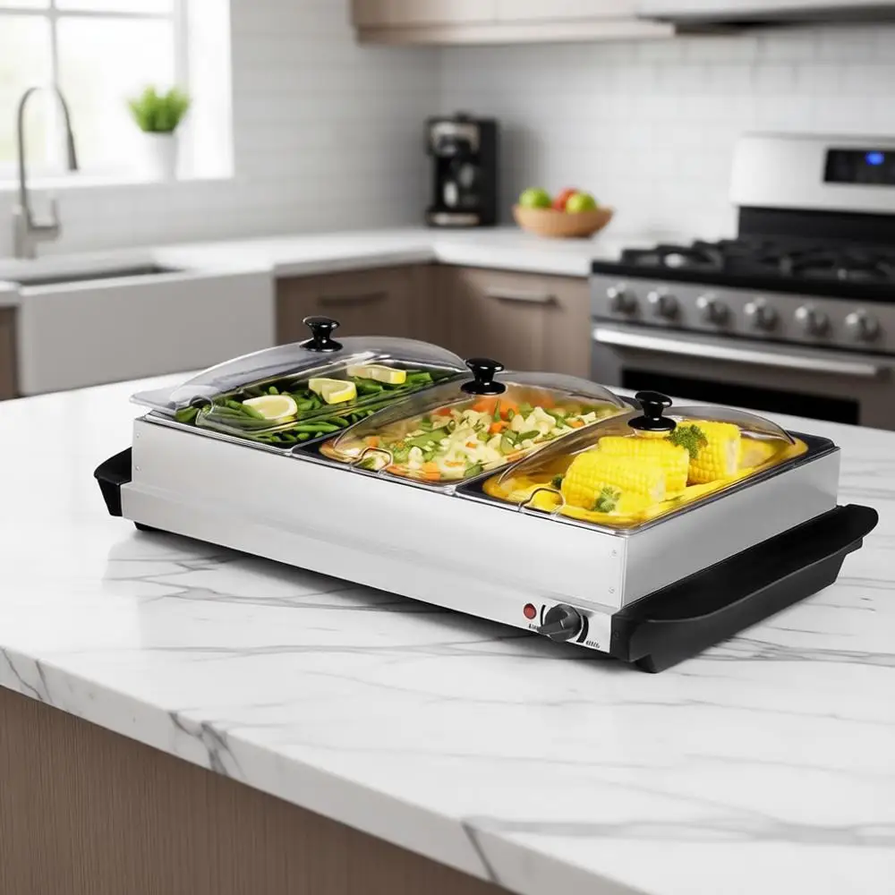 Triple 3 x 2.5 Qt. Trays, Buffet Server, Food Warmer Temperature Control, Clear Slotted Lids, Perfect for Parties, Entertaining
Triple 3 x 2.5 Qt. Trays, Buffet Server, Food Warmer Temperature Control, Clear Slotted Lids, Perfect for Parties, Entertaining