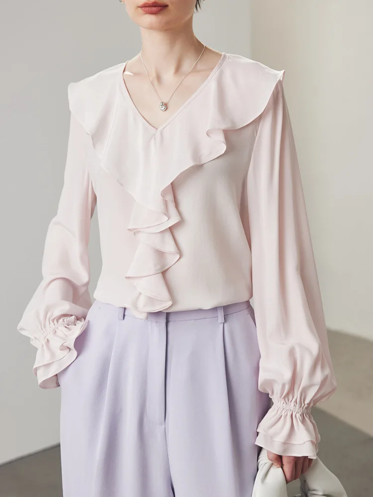 Silk Shirt Women's 2025 Spring and Summer New Super Fairy Horn Sleeve Ruffle 100% Double Crepe Sand Washed Mulberry Silk Top 
Silk Shirt Women's 2025 Spring and Summer New Super Fairy Horn Sleeve Ruffle 100% Double Crepe Sand Washed Mulberry Silk Top