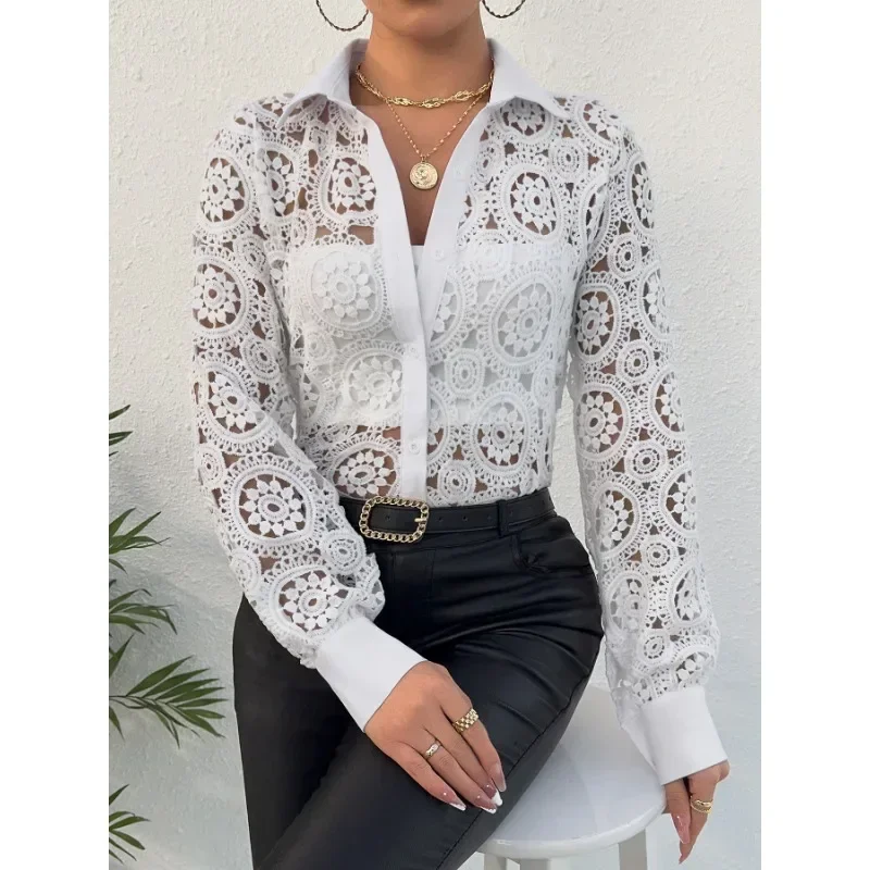 S-2XL Size Women's Autumn Long Sleeved Women's Shirt Solid Color Lapel Button Lace Hollow Shirt Leisure Vacation Women's Shirt
S-2XL Size Women's Autumn Long Sleeved Women's Shirt Solid Color Lapel Button Lace Hollow Shirt Leisure Vacation Women's Shirt