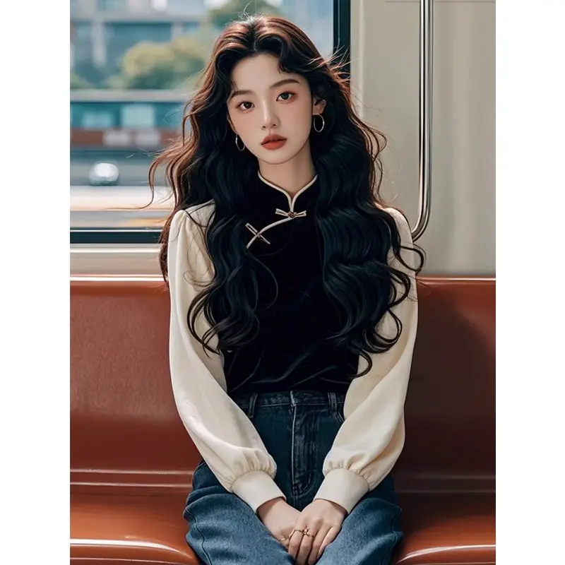 Chinese Improved Top Long Sleeve Autumn Winter Qipao Top Bottom Top New Chinese Style Black Velvet Button Shirt For Women
Chinese Improved Top Long Sleeve Autumn Winter Qipao Top Bottom Top New Chinese Style Black Velvet Button Shirt For Women