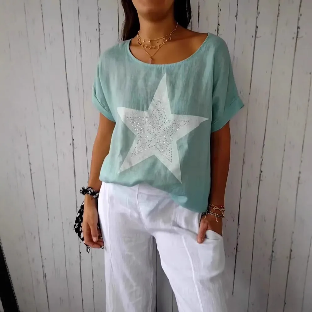 Women Cotton Linen Tops Round Neck T-shirt Stylish Women's Summer Tops With Hot Drill Star Print Loose Blouses Tee 2025 Blusas
Women Cotton Linen Tops Round Neck T-shirt Stylish Women's Summer Tops With Hot Drill Star Print Loose Blouses Tee 2025 Blusas