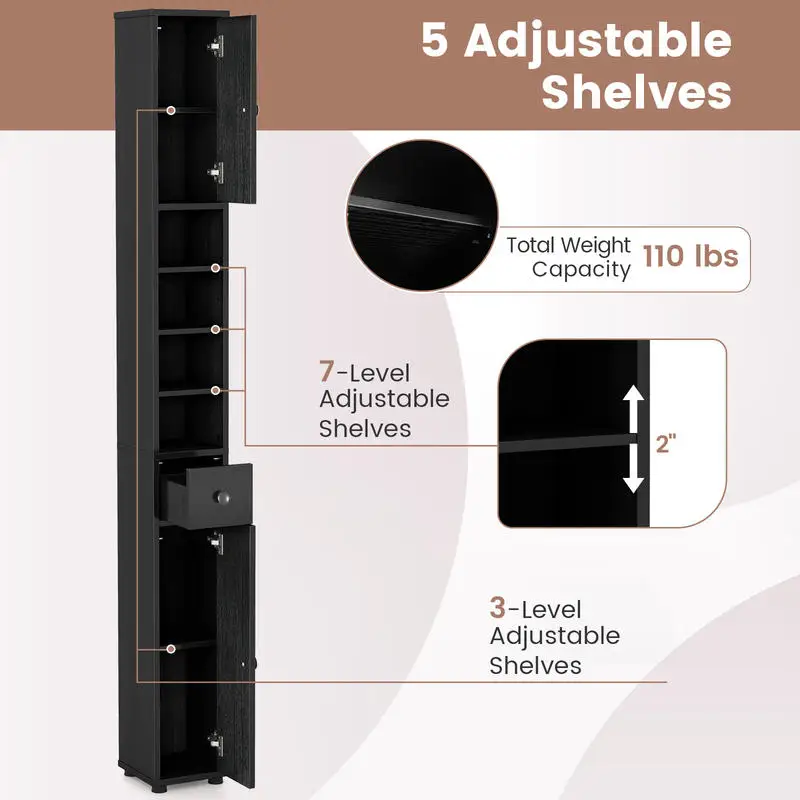 Freestanding Slim Bathroom Cabinet with Drawer and Adjustable Shelves-Black
Freestanding Slim Bathroom Cabinet with Drawer and Adjustable Shelves-Black