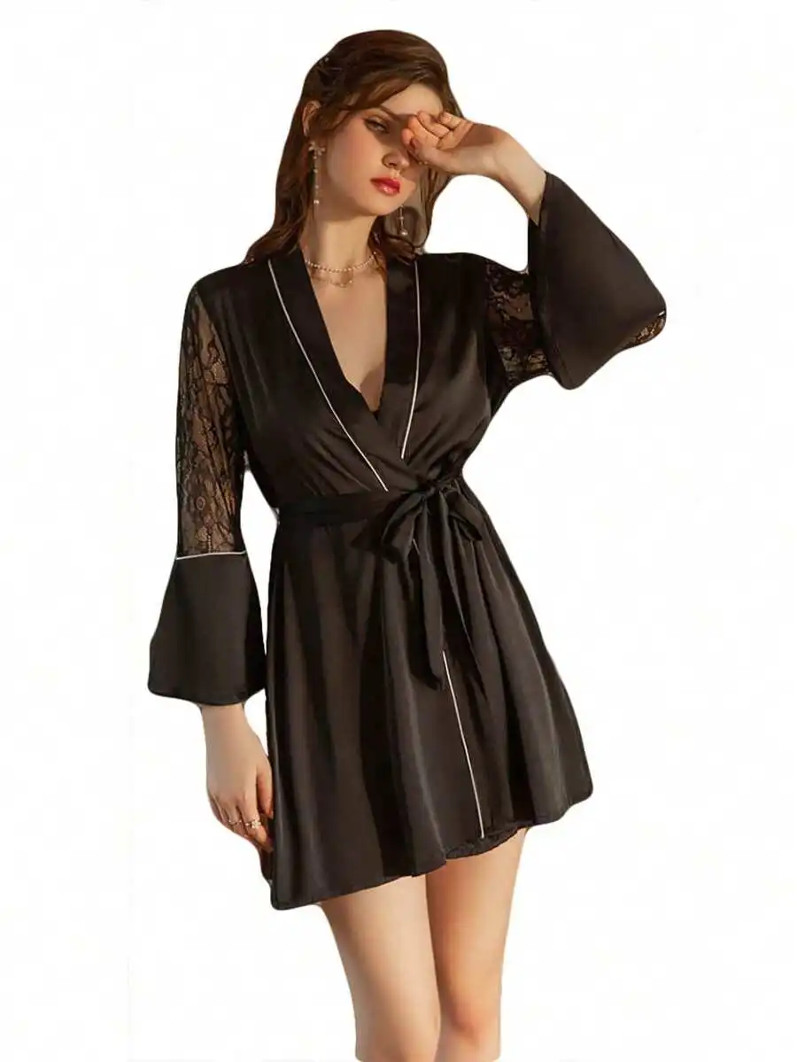 Women Satin Robe With Lace Sleeves Belted Kimono Loungewear Sleepwear Summer
Women Satin Robe With Lace Sleeves Belted Kimono Loungewear Sleepwear Summer