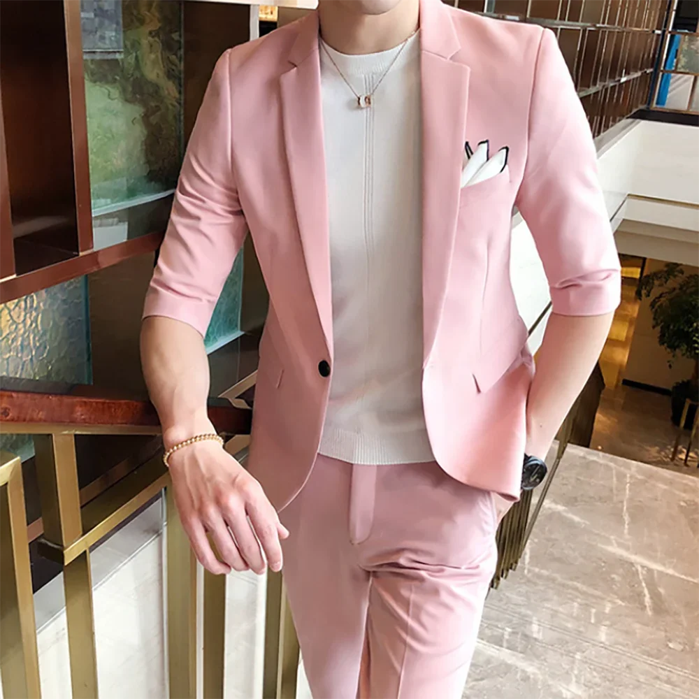 Pink Men Suits Fashion Summer Blazer Leisure Outfits Half Sleeve Notch Lapel Single Breasted Beach 2 Piece Jacket Pants Slim Fit
Pink Men Suits Fashion Summer Blazer Leisure Outfits Half Sleeve Notch Lapel Single Breasted Beach 2 Piece Jacket Pants Slim Fit