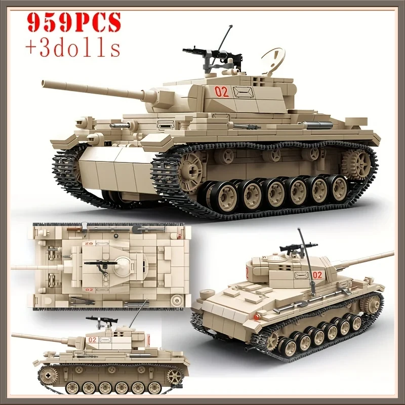 959Pcs Classic Rotating Tracks 3rd Generation Tank Model with 3 Soldiers and Weapons , Military Building Blocks Set
959Pcs Classic Rotating Tracks 3rd Generation Tank Model with 3 Soldiers and Weapons , Military Building Blocks Set
