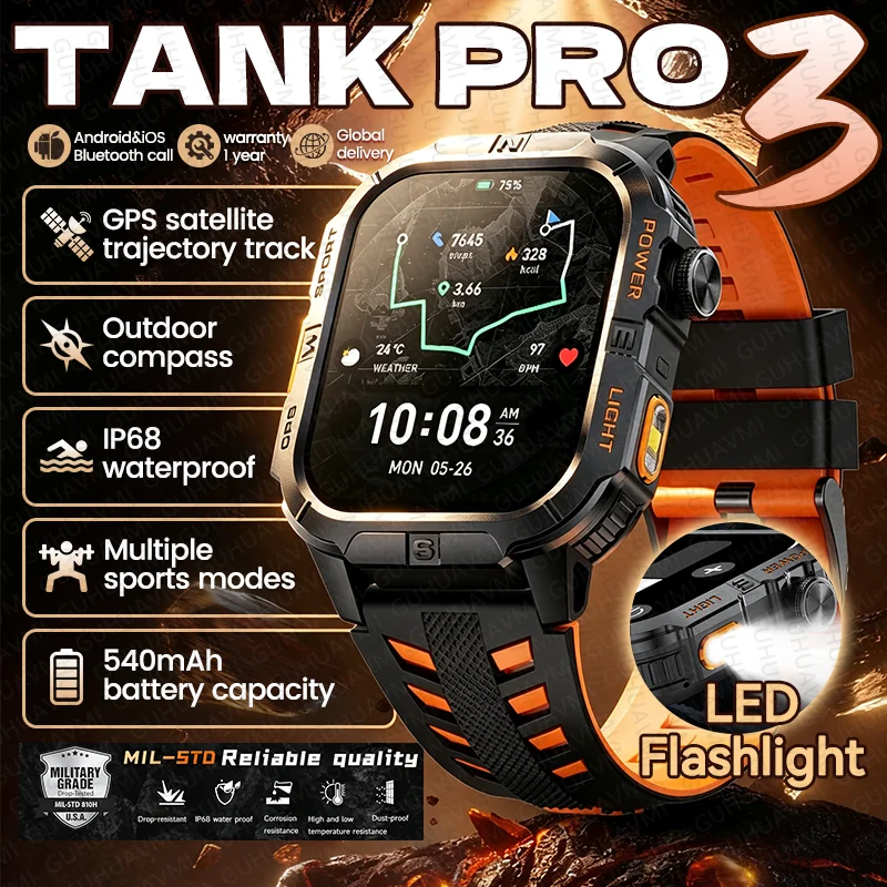 New Military TANK PRO3 Men Smart Watch Outdoor GPS Compass Flashlight Bluetooth Call IP68 Waterproof Sports 540mAh HD Smartwatch
New Military TANK PRO3 Men Smart Watch Outdoor GPS Compass Flashlight Bluetooth Call IP68 Waterproof Sports 540mAh HD Smartwatch