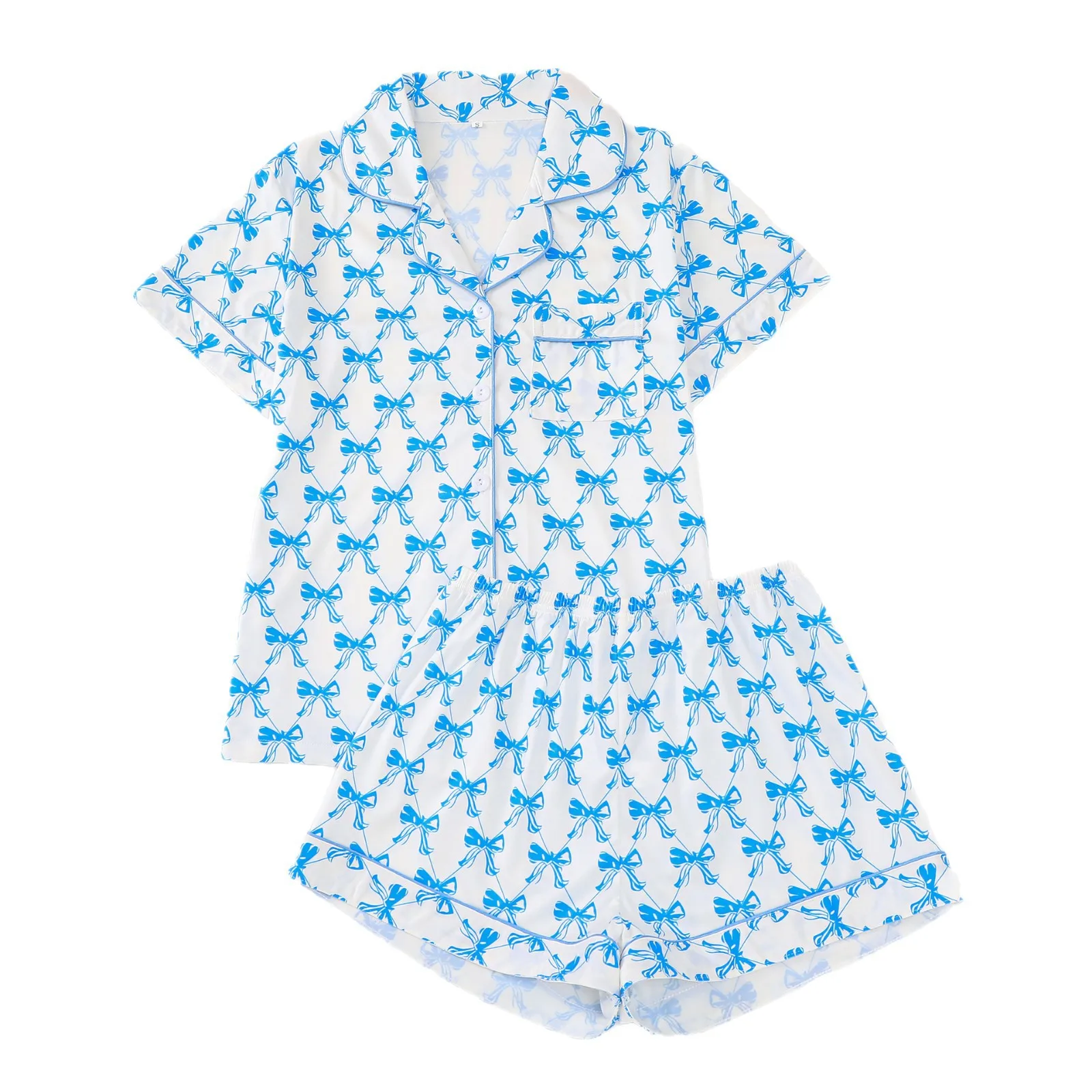 Casual women's pajama set, bow print, short sleeve shorts, cardigan, lapel loungewear set pajamas for women
Casual women's pajama set, bow print, short sleeve shorts, cardigan, lapel loungewear set pajamas for women