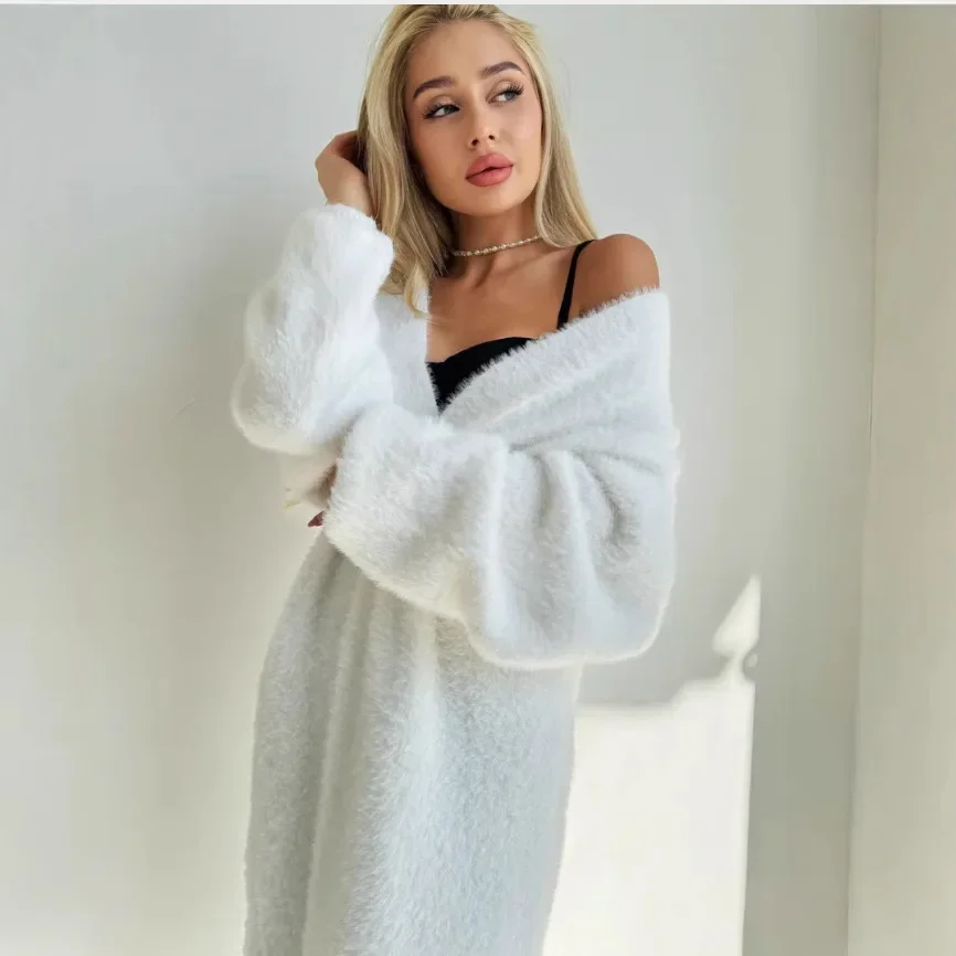 Women Spring Autumn Pure Color Outerwear Mink Velvet Open Cardigan White Long Loose Lazy Style Knitted Sweater Coat
Women Spring Autumn Pure Color Outerwear Mink Velvet Open Cardigan White Long Loose Lazy Style Knitted Sweater Coat