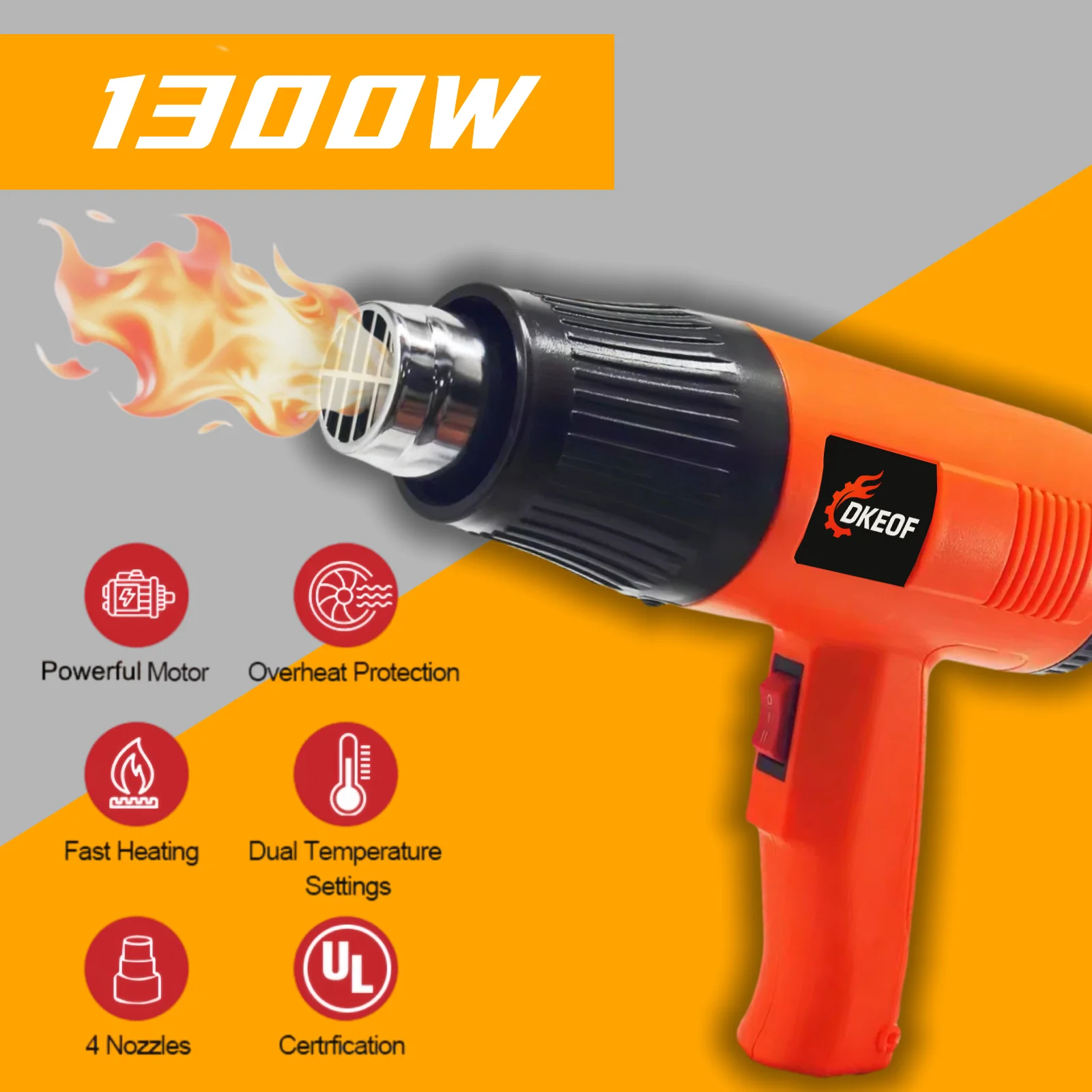 DKEOF 1300W Industrial Heat Gun with 4 Nozzles, 110V - for Shrink Wrapping/Construction Drying, Home & Industrial Use
DKEOF 1300W Industrial Heat Gun with 4 Nozzles, 110V - for Shrink Wrapping/Construction Drying, Home & Industrial Use