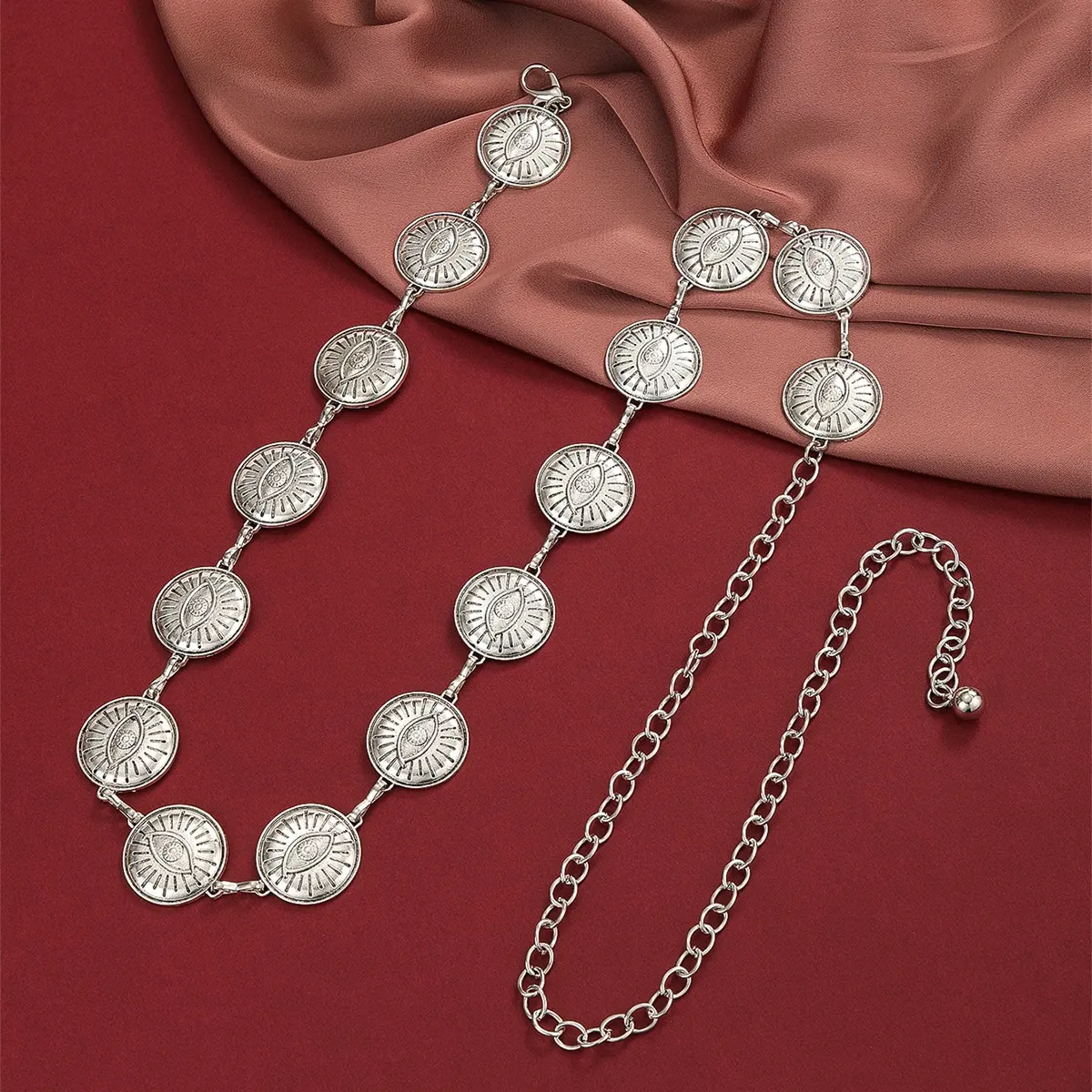 Fashion Silver Zinc Alloy Circle Conchos with Eyes Decor Chain Belts for Women
Fashion Silver Zinc Alloy Circle Conchos with Eyes Decor Chain Belts for Women