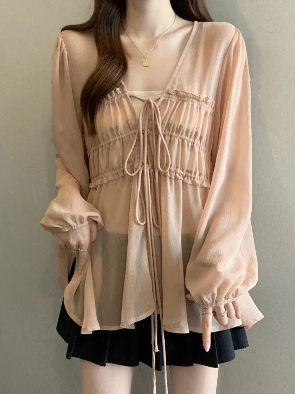 Pink V-Neck Shoulder-Length Chiffon Top Women's Beautiful Belly Concealing Shirt Korean Style Loose Fit Long Sleeve Spring 2026
Pink V-Neck Shoulder-Length Chiffon Top Women's Beautiful Belly Concealing Shirt Korean Style Loose Fit Long Sleeve Spring 2026