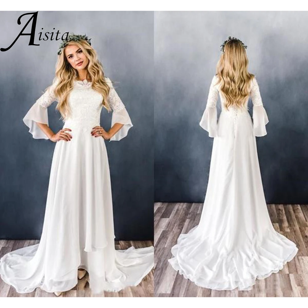 Modest Chiffon Wedding Dress With Sleeves Boho Lace-Up Back Bride Dresses A-Line Lace Elegant and Pretty Women's Dresses Vestido
Modest Chiffon Wedding Dress With Sleeves Boho Lace-Up Back Bride Dresses A-Line Lace Elegant and Pretty Women's Dresses Vestido