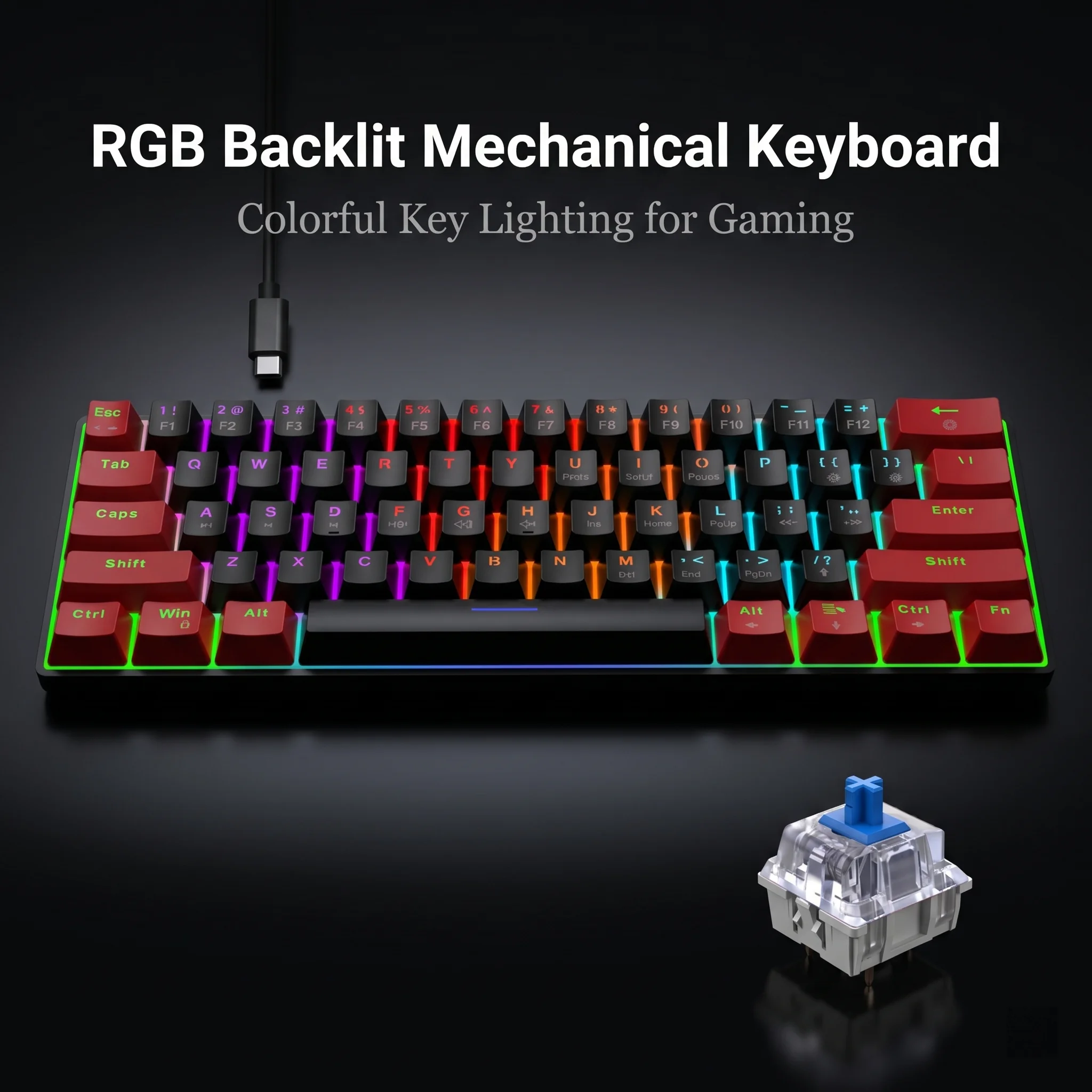 61-Key Compact Mechanical Keyboard 60% Gaming Keyboard with Blue Switches And Color Backlight Small Size for Easy Portability
61-Key Compact Mechanical Keyboard 60% Gaming Keyboard with Blue Switches And Color Backlight Small Size for Easy Portability