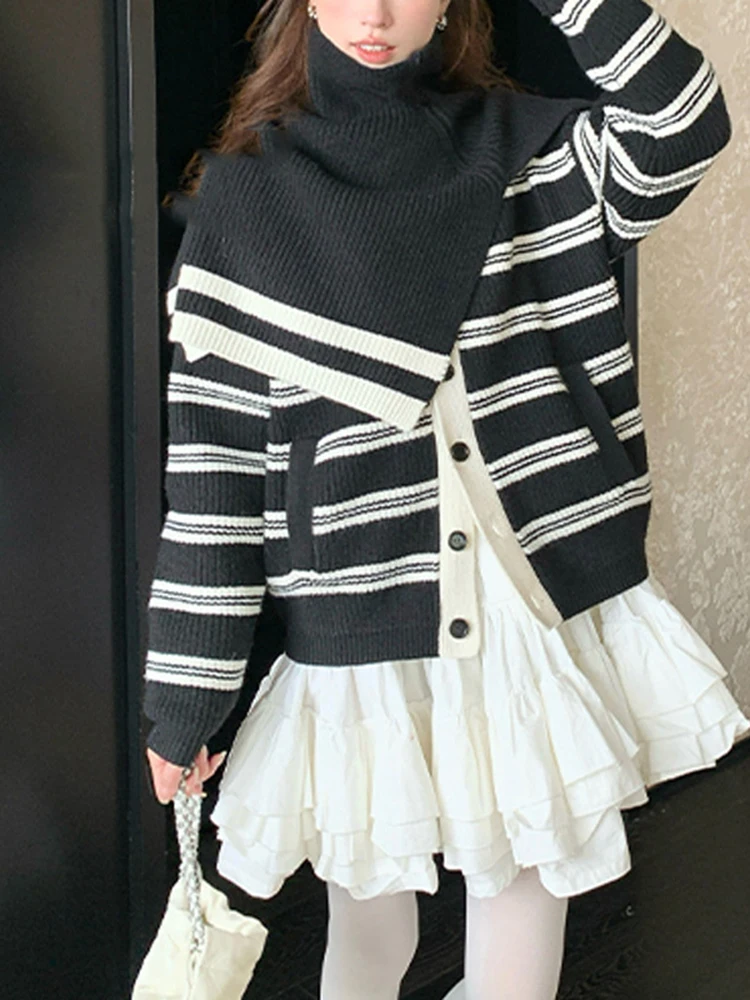 Women Casual Turtleneck Sweater Coats Long Sleeve Korean Striped Jacket American Vintage Knitted Cardigan + Scarf 2 Piece Sets
Women Casual Turtleneck Sweater Coats Long Sleeve Korean Striped Jacket American Vintage Knitted Cardigan + Scarf 2 Piece Sets