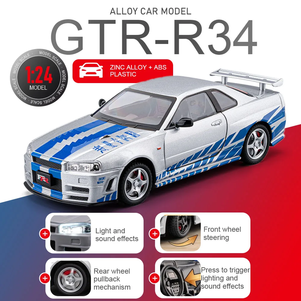 Масштабная модель GTR-R34 GTR 1:24, миниатюрная игрушка-суперкар из сплава, с открывающимися дверями, звуком и светом, откатным механизмом, спортивная машинка-украшение
Масштабная модель GTR-R34 GTR 1:24, миниатюрная игрушка-суперкар из сплава, с открывающимися дверями, звуком и светом, откатным механизмом, спортивная машинка-украшение