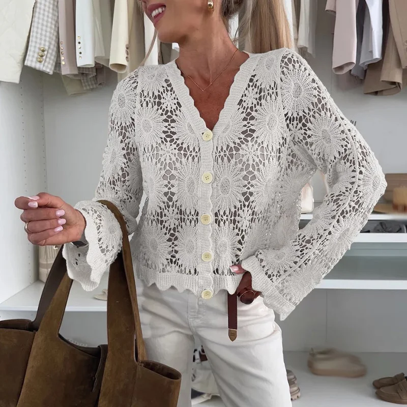 Women Sexy Hollow-out Knitted Cardigan New Arrival Long Sleeve V-Neck Blouse Top Embroidery 2025 Single Breasted Office Shirts
Women Sexy Hollow-out Knitted Cardigan New Arrival Long Sleeve V-Neck Blouse Top Embroidery 2025 Single Breasted Office Shirts