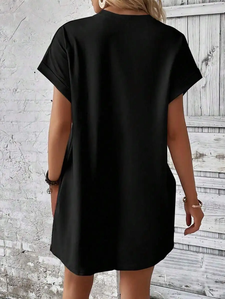 Womens Casual Black Tee Dress With V Neck And Short Drop Shoulder Sleeves
Womens Casual Black Tee Dress With V Neck And Short Drop Shoulder Sleeves