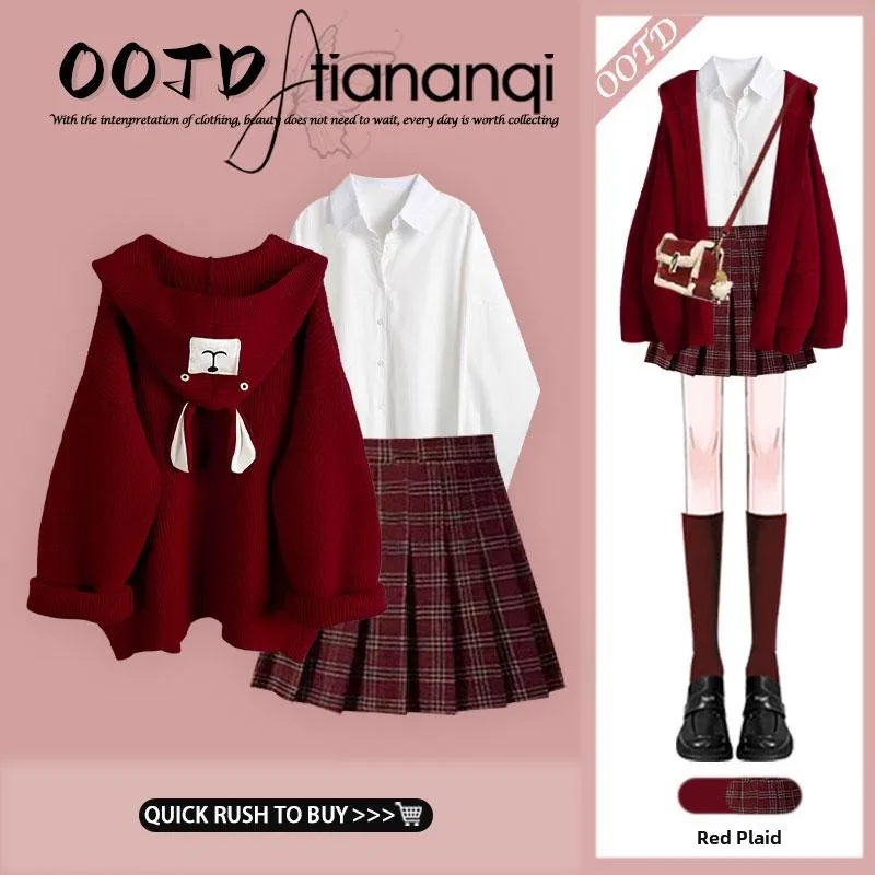 Korean Sle Lazy Loose Knitted Hoodie Sweater Jaet Inner White irt High Waist Pleated Skirt Tee Piece Set Autumn Winter
Korean Sle Lazy Loose Knitted Hoodie Sweater Jaet Inner White irt High Waist Pleated Skirt Tee Piece Set Autumn Winter