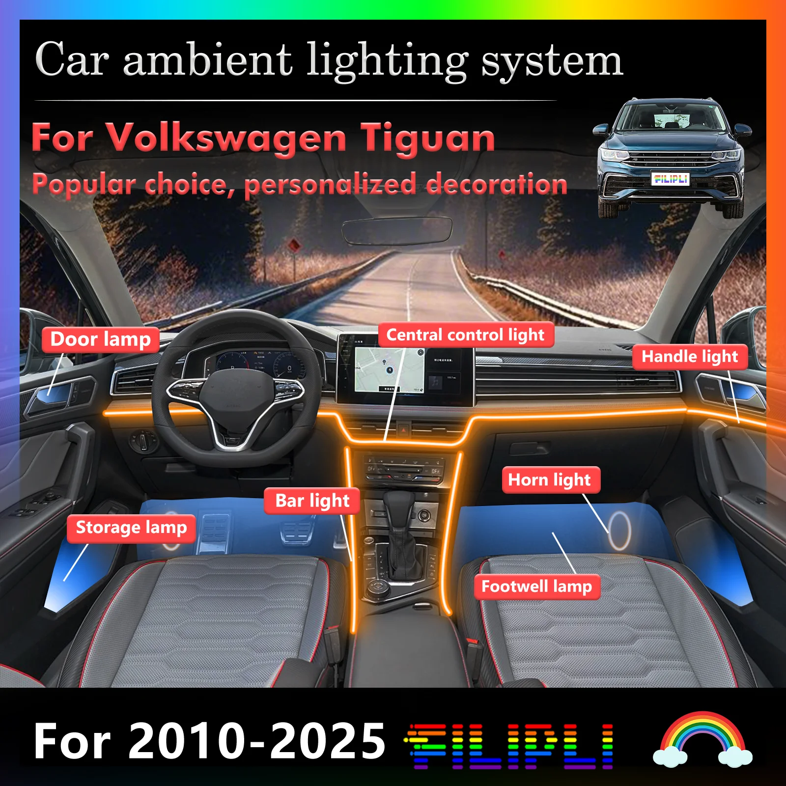 For Volkswagen Tiguan Smart Remote Control Car Interior Ambient Light RGB 64 Colors LED Energy Saving Efficient Lamp Set
For Volkswagen Tiguan Smart Remote Control Car Interior Ambient Light RGB 64 Colors LED Energy Saving Efficient Lamp Set