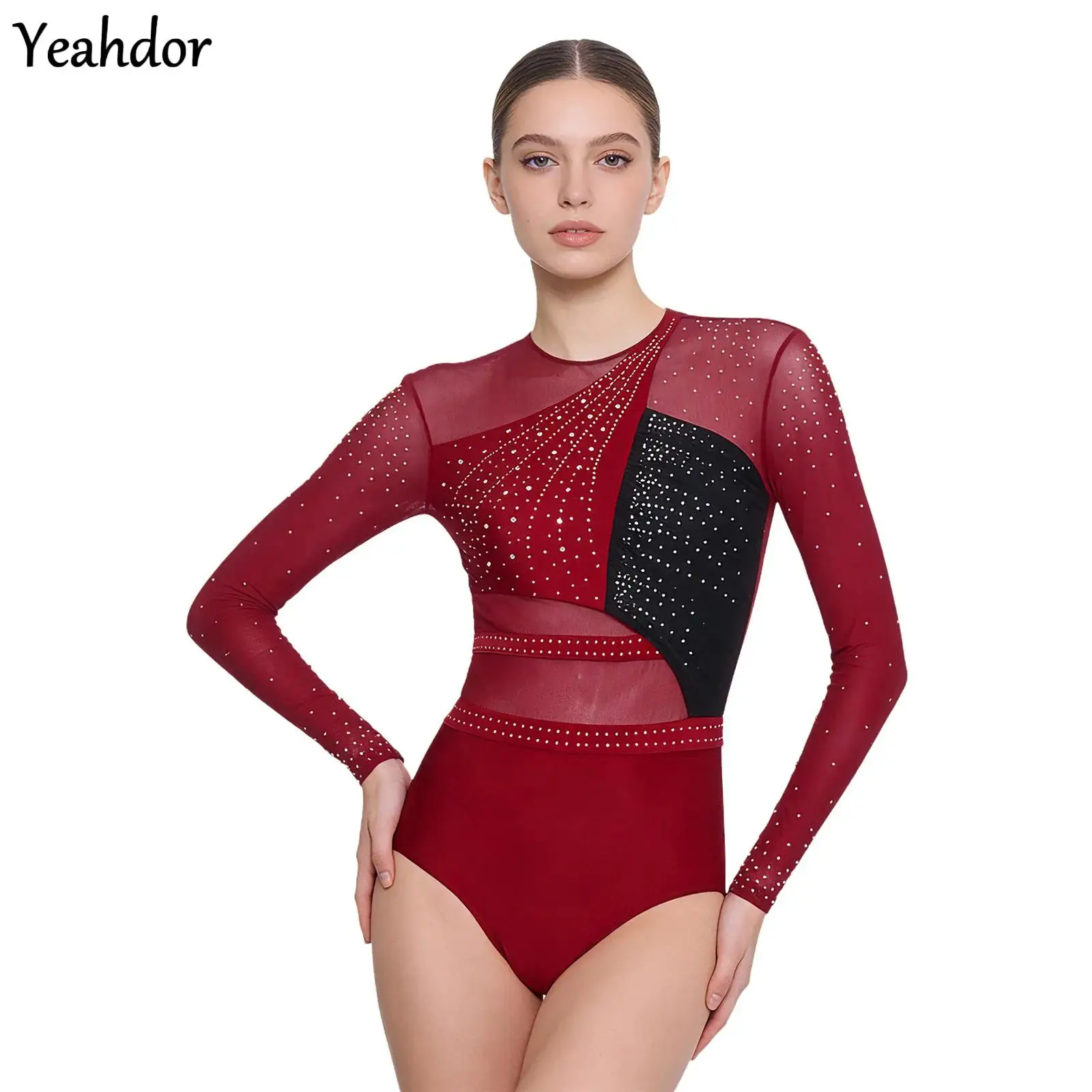 Women Figure Skating Rhythmic Gymnastics Jumpsuit Rhinestones Ballet Dance Leotard Sheer Mesh Long Sleeve Color Block Bodysuit
Women Figure Skating Rhythmic Gymnastics Jumpsuit Rhinestones Ballet Dance Leotard Sheer Mesh Long Sleeve Color Block Bodysuit