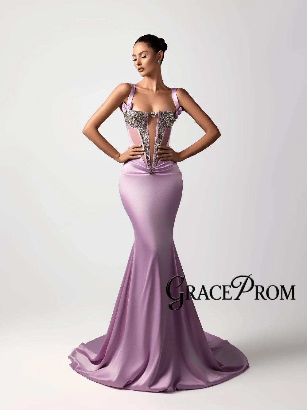 2026 Lilac Satin Mermaid Evening Dress Sexy Cut Out Intricate Rhinestones Customized Cocktail Gown Square Neck Bow Modern Wear
2026 Lilac Satin Mermaid Evening Dress Sexy Cut Out Intricate Rhinestones Customized Cocktail Gown Square Neck Bow Modern Wear