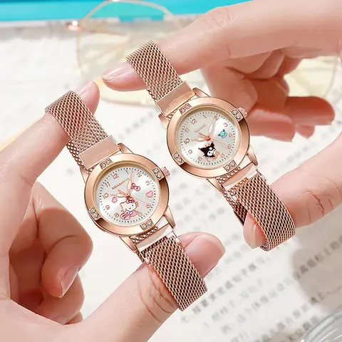 Hello Kitty Diamond Women's Watches Cat Bow Kawaii Pink Ladies Gold Sliver Metal Jewelry Cartoon Magnetic Watch Girls