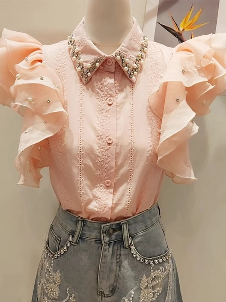 2025 Blusas Mujer De Moda Sweet Blouse Diamond Flying Sleeve Ruffles Pink Shirts Temperament Summer Blouses Tops Women Clothing
2025 Blusas Mujer De Moda Sweet Blouse Diamond Flying Sleeve Ruffles Pink Shirts Temperament Summer Blouses Tops Women Clothing