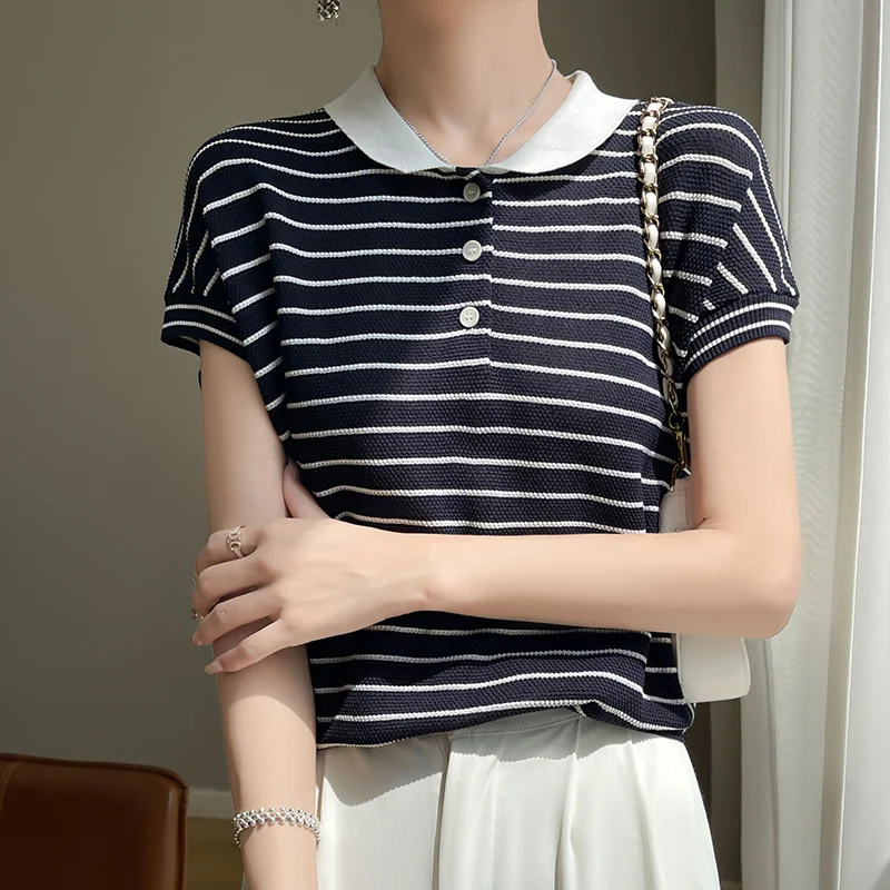 French lapel retro striped short sleeved ice silk knitted sweater for women's summer 2024 casual T-shirt trend
French lapel retro striped short sleeved ice silk knitted sweater for women's summer 2024 casual T-shirt trend