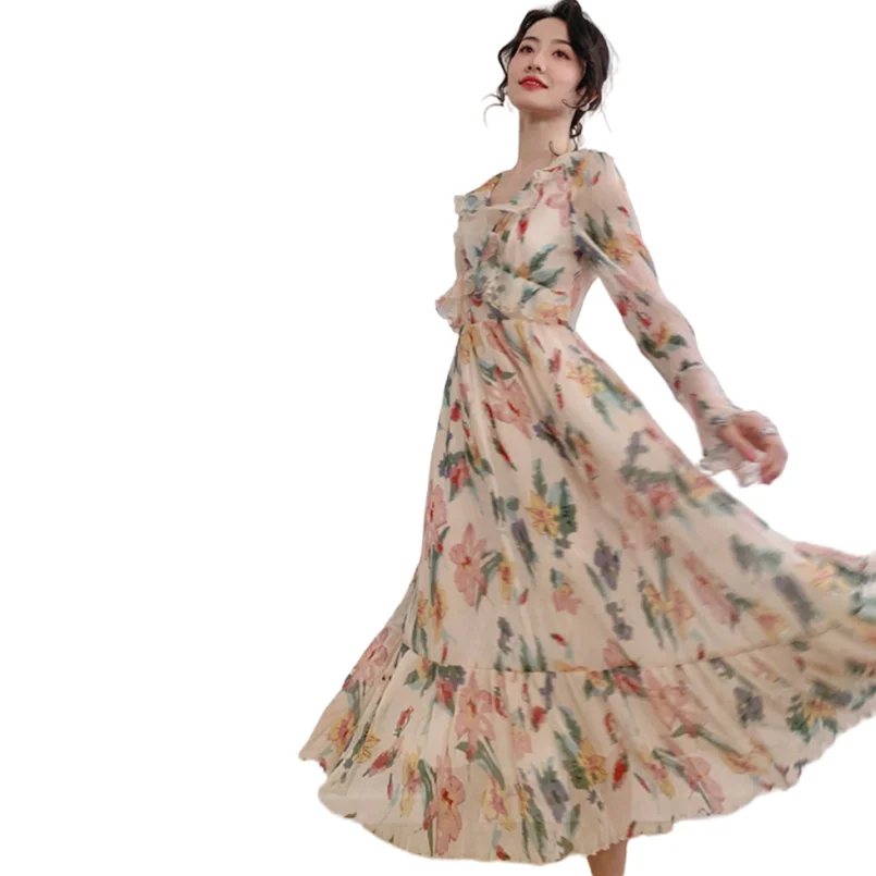 Summer Chiffon Women Sweet Printed Long Dress Ruffles Neck lace Up Flare Sleeve Temperament Gentle Formal Dress Vestidos Robe
Summer Chiffon Women Sweet Printed Long Dress Ruffles Neck lace Up Flare Sleeve Temperament Gentle Formal Dress Vestidos Robe