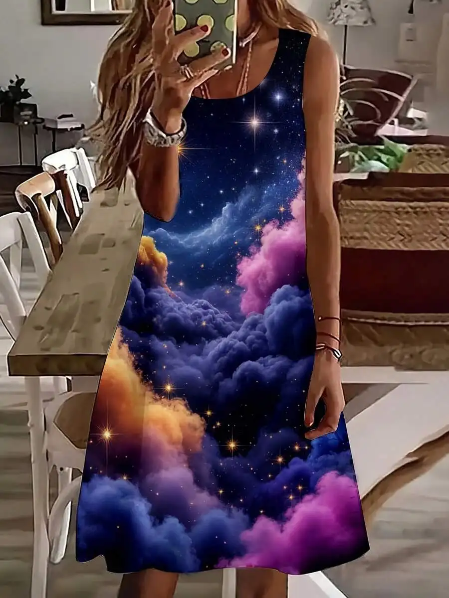 Women Sleeveless Galaxy Clouds And Stars Print Summer Casual Dress
Women Sleeveless Galaxy Clouds And Stars Print Summer Casual Dress