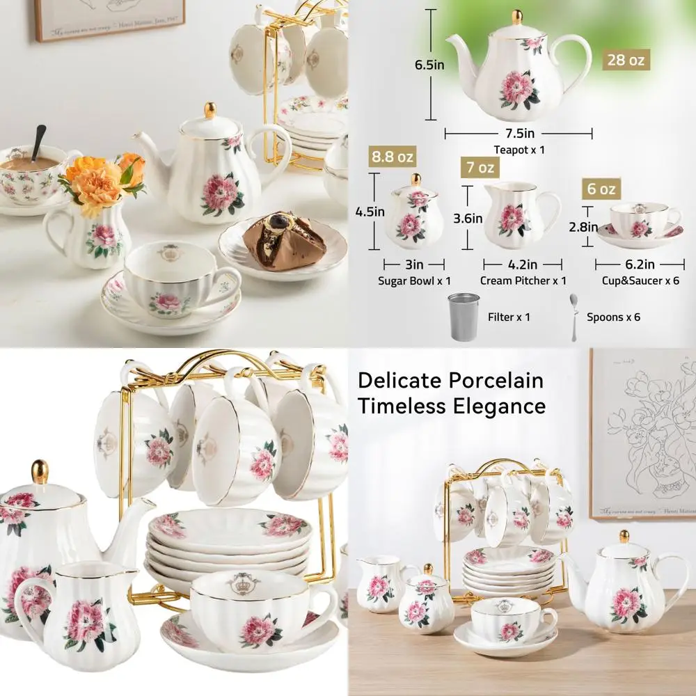 British Royal-Inspired Porcelain Tea Set, 8oz Cups & Saucer for 6, Includes Teapot, Sugar Bowl, Creamer, Teaspoons, and Strainer
British Royal-Inspired Porcelain Tea Set, 8oz Cups & Saucer for 6, Includes Teapot, Sugar Bowl, Creamer, Teaspoons, and Strainer