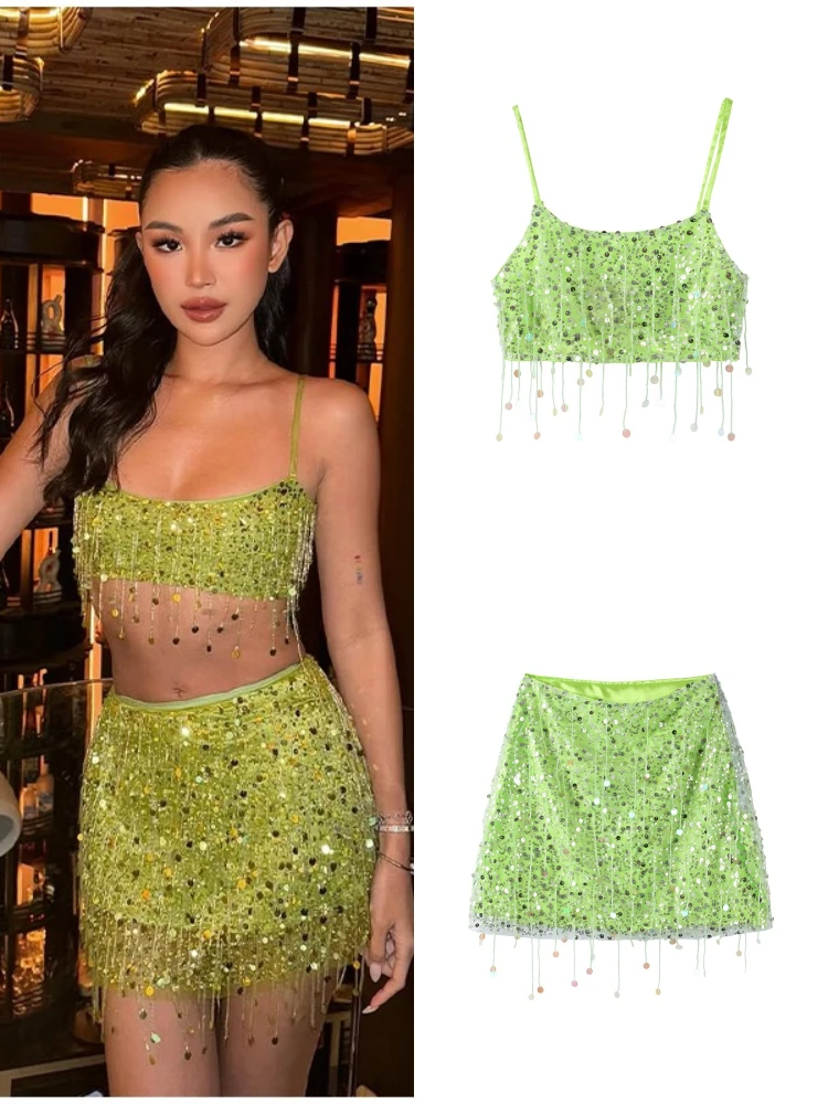 Fringed Sequined Vest Skirt Suits Women Sexy Spaghetti strap Sleeveless Tank Tops With High Waist Mini Skirts Chic Ladies Outfit
Fringed Sequined Vest Skirt Suits Women Sexy Spaghetti strap Sleeveless Tank Tops With High Waist Mini Skirts Chic Ladies Outfit