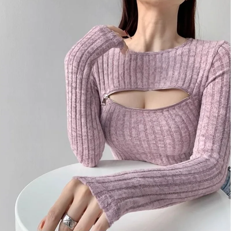 Spring and Autumn Solid Color Sexy Women's T-shirt Long Sleeved Round Neck Zippered Hollow Out Knitted Bottom Shirt
Spring and Autumn Solid Color Sexy Women's T-shirt Long Sleeved Round Neck Zippered Hollow Out Knitted Bottom Shirt