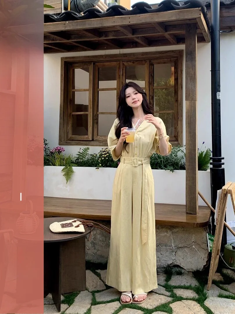 Casual Loose Wide Leg Jumpsuit with Belt V Ne High Waist Long Pants Summer Women's Faion Slimming Effectiven
Casual Loose Wide Leg Jumpsuit with Belt V Ne High Waist Long Pants Summer Women's Faion Slimming Effectiven