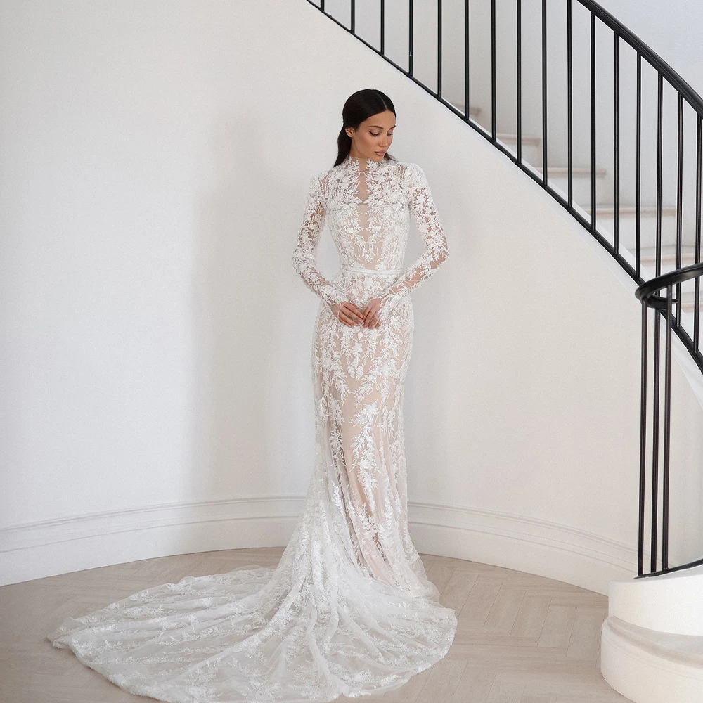 Modest Civil Wedding Dresses High Collar Long Sleeve Mermaid Lace Bride Dress Seep Train Bridal Gown Customized robe de mariée 
Modest Civil Wedding Dresses High Collar Long Sleeve Mermaid Lace Bride Dress Seep Train Bridal Gown Customized robe de mariée