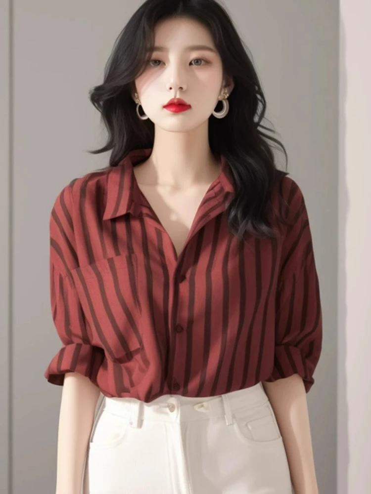 Slimming Brick Red Vertical Striped Loose Women's Shirt Fashionable Turn-down Collar Unique Top for Autumn Long Sleeve
Slimming Brick Red Vertical Striped Loose Women's Shirt Fashionable Turn-down Collar Unique Top for Autumn Long Sleeve