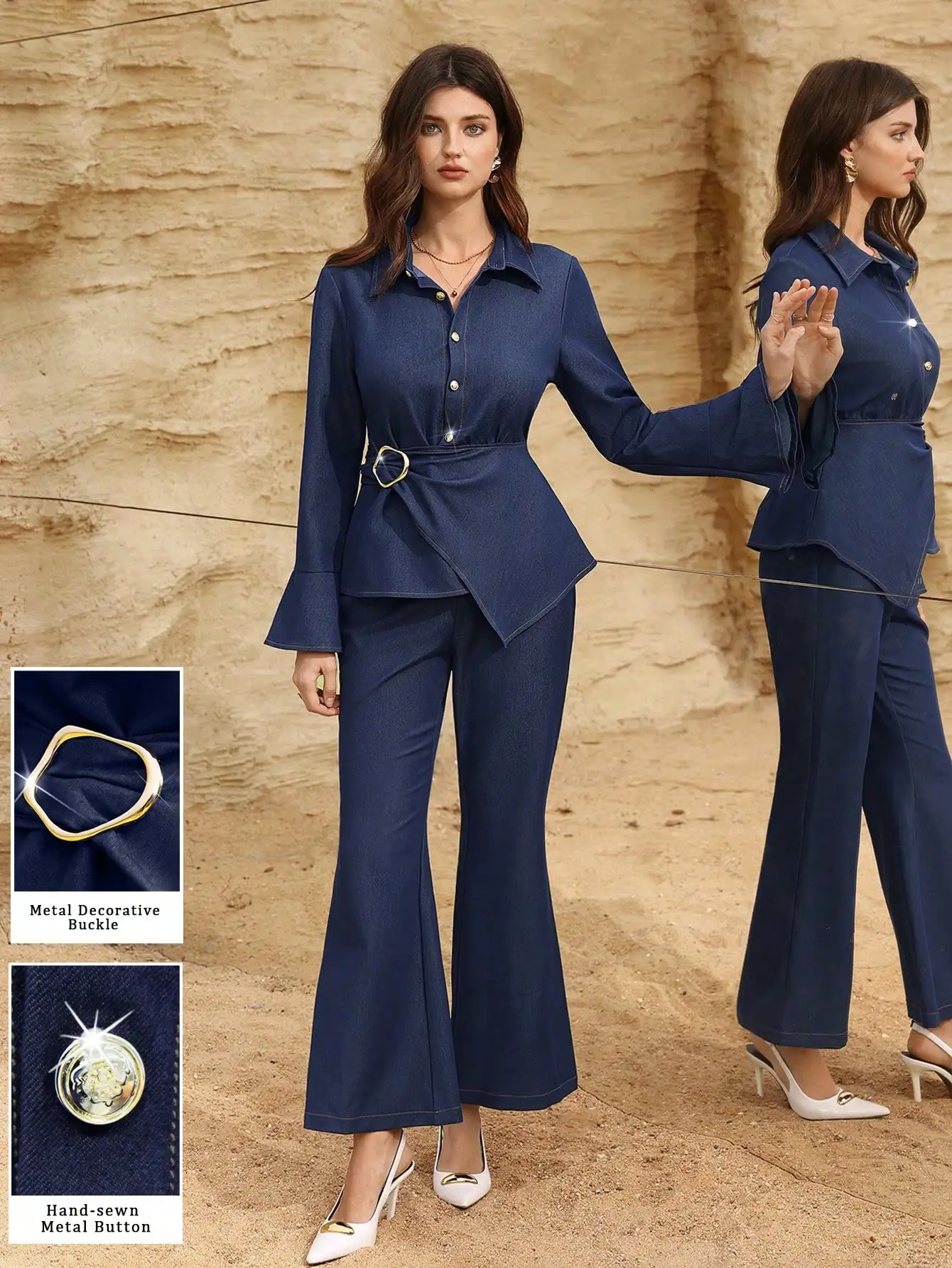 Women Denim Shirt And Flare Pants Two Piece Set Blue
Women Denim Shirt And Flare Pants Two Piece Set Blue